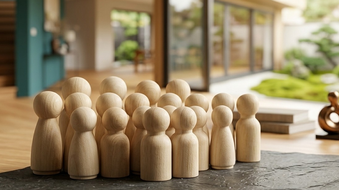 Houten poppetjes die een gezinssysteem symboliseren